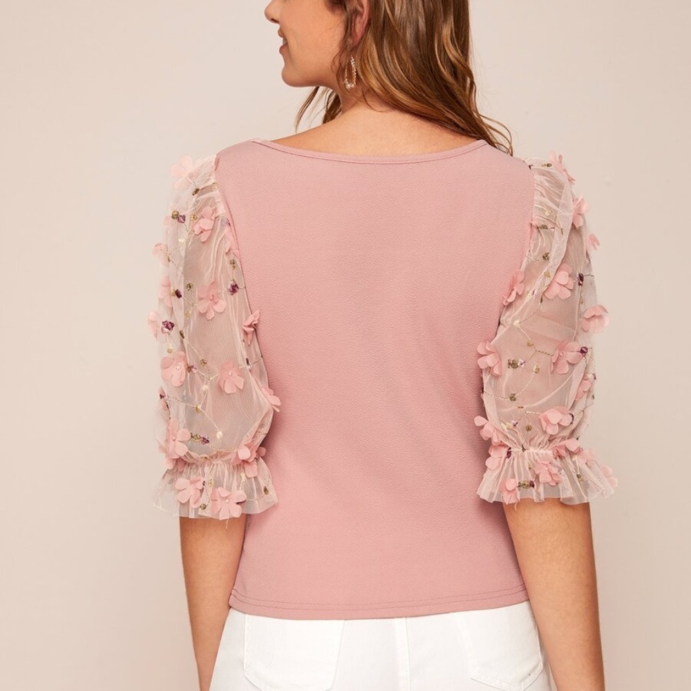 021 boho pink floral detail sheer Puff sleeve ruffle top - Picture 3 of 4